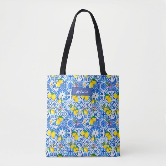 Zomer majolica blauw Siciliaanse citrus Mediterraa Tote Bag (Voorkant)