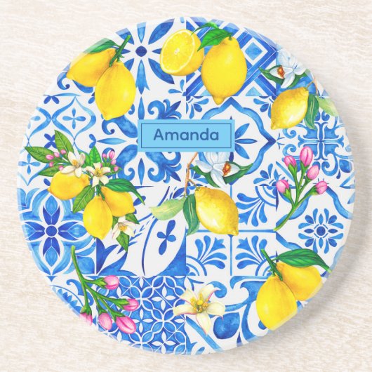 Zomer majolica blauw Siciliaanse citrus Mediterraa Zandsteen Onderzetter (Voorkant)
