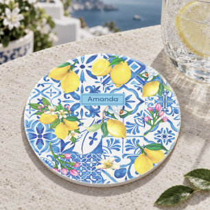 Zomer majolica blauwe Siciliaanse citrus Mediterra Zandsteen Onderzetter