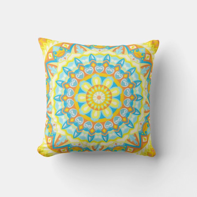 Zomer Mandala Helder Geel Oranje Boho Bloem Kussen (Voorkant)