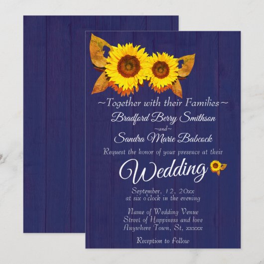 Zomer Marine Blauw Hout Zonnebloemen Rustieke Brui Kaart (Voorkant / Achterkant)