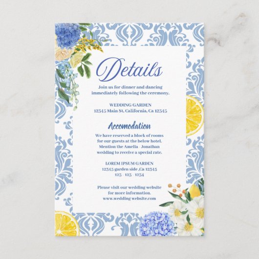 Zomer Mediterraan citroen Trouwdetails Informatiekaartje (Voorkant)
