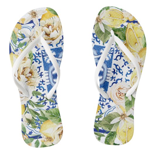 Zomer mediterrane citroen en bloemen teenslippers (Voetbed)