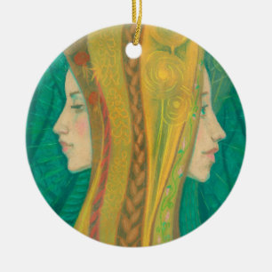 Zomer, meisjes, fantasiekunst, bos, groen en geel keramisch ornament
