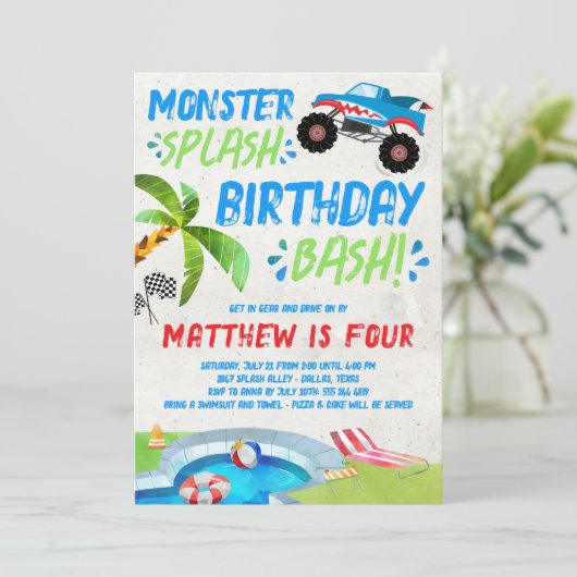 Zomer Monster Vrachtwagen Verjaardagsfeestuitnodig Kaart (Staand voorkant)