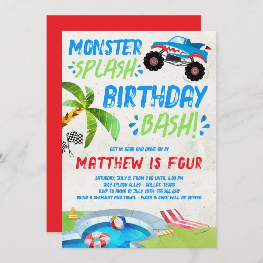 Zomer Monster Vrachtwagen Verjaardagsfeestuitnodig Kaart (Voorkant / Achterkant)