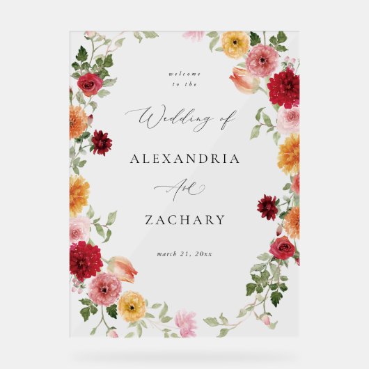 Zomer Multi Kleur Bloemen Huwelijk Welkom Acryl Bord (Voorkant)