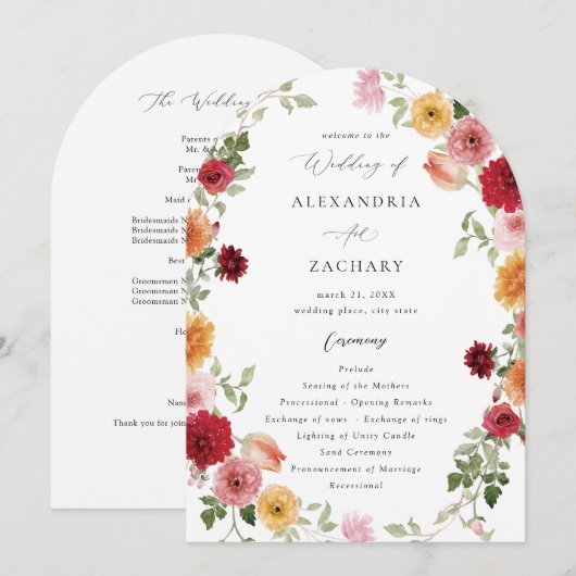 Zomer Multi Kleur Bloemen Trouwprogramma 2- Boog Kaart (Voorkant / Achterkant)