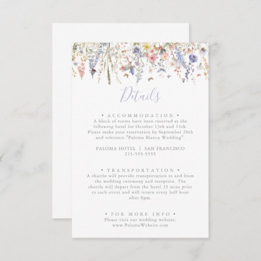 Zomer Multicolor Wildflower Wedding Details Informatiekaartje (Voorkant / Achterkant)