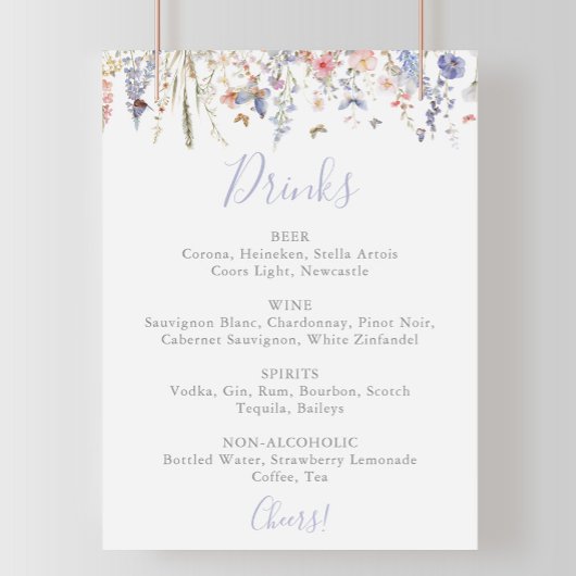 Zomer Multicolor Wildflower Wedding Drinken Menu Poster