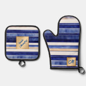 Zomer Navy Blue Modern Boat Stripes Collectie Ovenwant & Pannenlap Set (Voorkant)