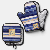 Zomer Navy Blue Modern Boat Stripes Collectie Ovenwant & Pannenlap Set (Voorkant / Achterkant)