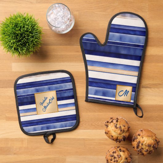 Zomer Navy Blue Modern Boat Stripes Collectie Ovenwant & Pannenlap Set (Top down)