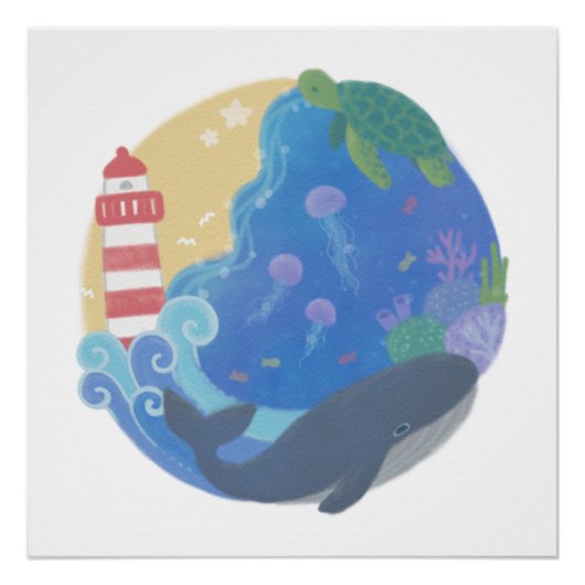 Zomer Ocean Whale Turtle & Lighthouse Perfect Poster (Voorkant)