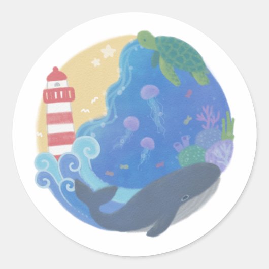 Zomer Ocean Whale Turtle & Lighthouse Ronde Sticker (Voorkant)