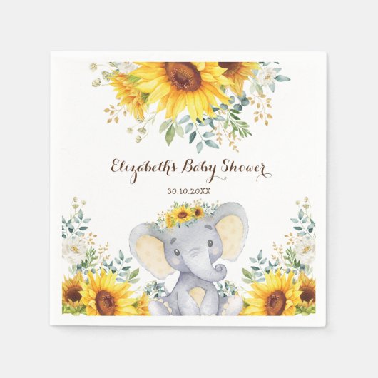 Zomer Olifant Waterverf Zonnebloem Baby shower Servet (Voorkant)