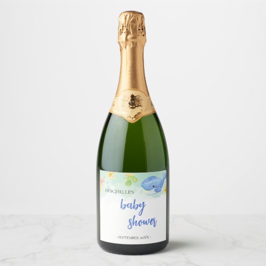 Zomer Onder het Zee Baby shower Sparkling Wijnetiket (Voorkant)
