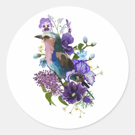 Zomer ontwerp met vogel- en violette bloemen. ronde sticker (Voorkant)