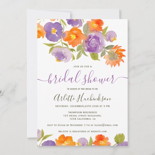 Zomer Paarse Sinaasappel Bloemen Boho Vrijgezellen Kaart (Voorkant)