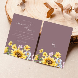Zomer Paarse Zonnebloemen Monogram Bruiloft Kaart