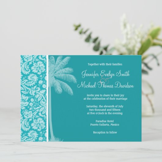 Zomer Palm Blauw-Groen Damaskpatroon Kaart (Staand voorkant)