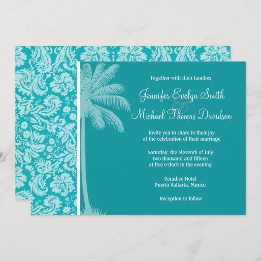 Zomer Palm Blauw-Groen Damaskpatroon Kaart (Voorkant / Achterkant)
