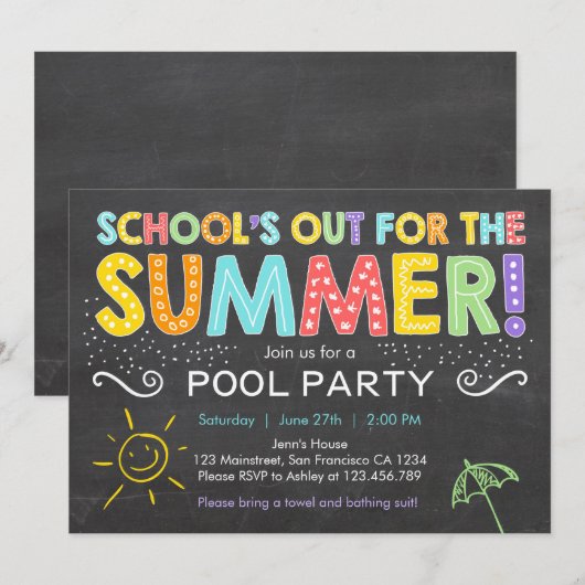 Zomer Party Pool Party Scholen Out Uitnodiging (Voorkant / Achterkant)