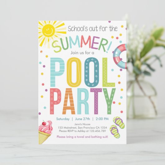 Zomer Party Pool Party Scholen Out Uitnodiging (Staand voorkant)
