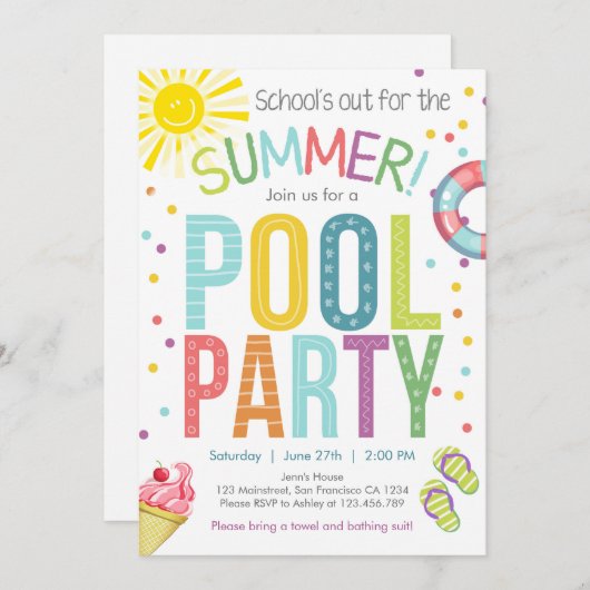 Zomer Party Pool Party Scholen Out Uitnodiging (Voorkant / Achterkant)