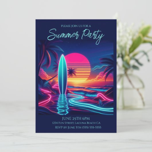 Zomer Party- Zonsondergang Surfboard Neon Lights- Kaart (Staand voorkant)