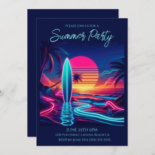 Zomer Party- Zonsondergang Surfboard Neon Lights- Kaart (Voorkant / Achterkant)