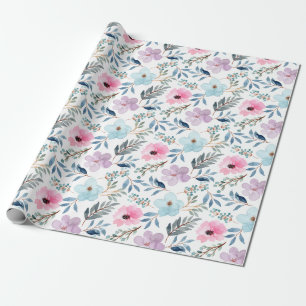 Zomer Pastel Blauwe Aquarel Bloemen Patroon  Cadeaupapier