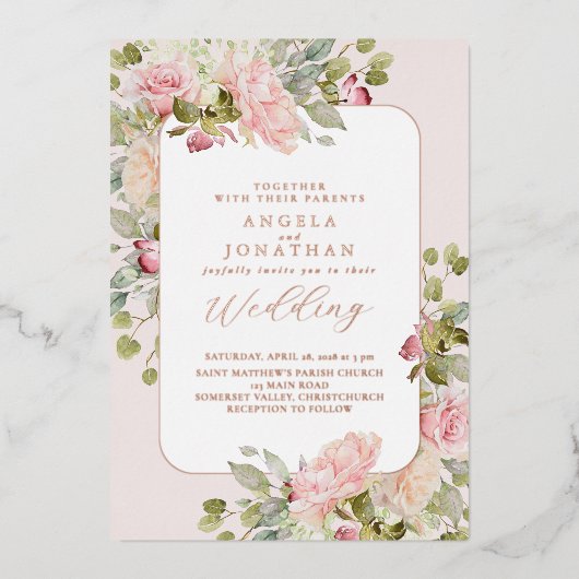 Zomer Pastel Bloemen Bruiloft Folie Uitnodiging (Voorkant)