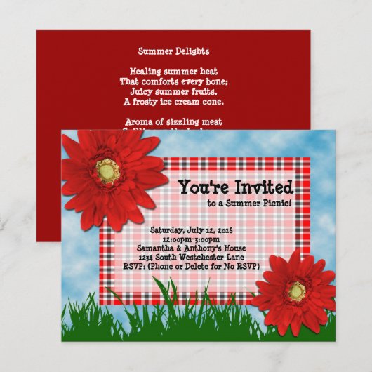 Zomer Picknick Cookout Uitnodiging, Helder Rood Da Kaart (Voorkant / Achterkant)