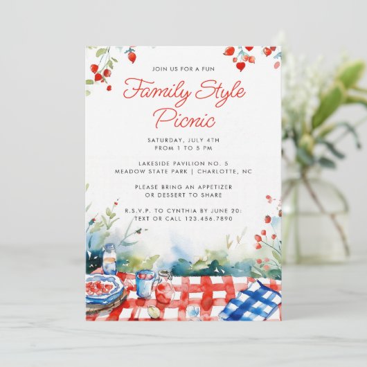Zomer picknick rood wit blauw familie reünie kaart (Staand voorkant)