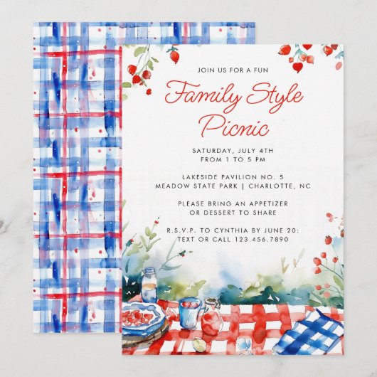 Zomer picknick rood wit blauw familie reünie kaart (Voorkant / Achterkant)
