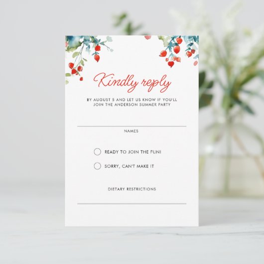 Zomer picknick rood wit blauw familie reünie RSVP kaartje (Staand voorkant)