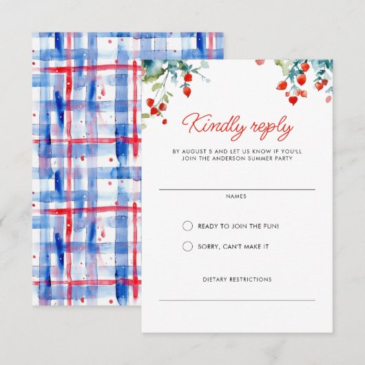 Zomer picknick rood wit blauw familie reünie RSVP kaartje (Voorkant / Achterkant)