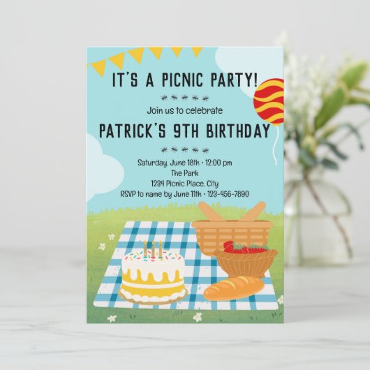 Zomer Picknick Verjaardag Uitnodiging (Staand voorkant)