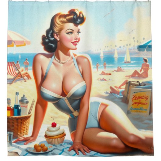 Zomer Pin-Up Meisje Douchegordijn (Voorkant)