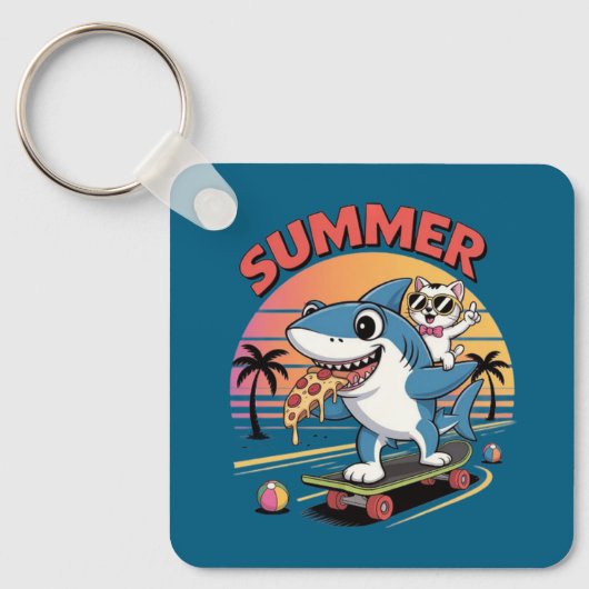 Zomer pizza met haai en kat sleutelhanger (Voorkant)