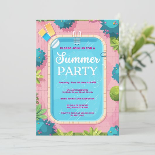 Zomer Pool Party Blauw Roze Uitnodiging (Staand voorkant)