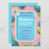 Zomer Pool Party Blauw Roze Uitnodiging (Voorkant / Achterkant)