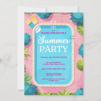 Zomer Pool Party Blauw Roze Uitnodiging