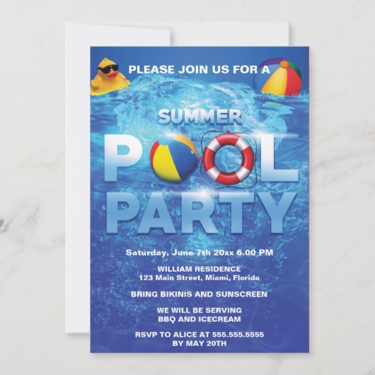 Zomer Pool Party Blauwe Uitnodiging (Voorkant)