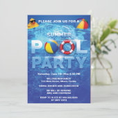 Zomer Pool Party Blauwe Uitnodiging (Staand voorkant)
