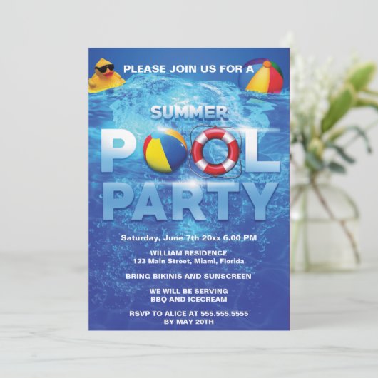 Zomer Pool Party Blauwe Uitnodiging (Staand voorkant)