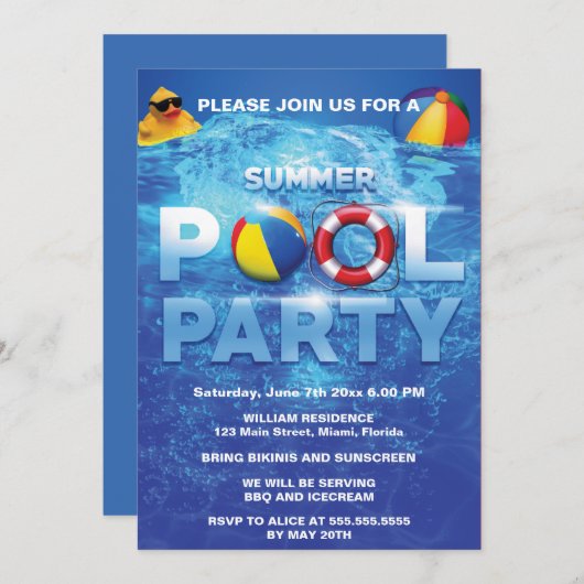 Zomer Pool Party Blauwe Uitnodiging (Voorkant / Achterkant)