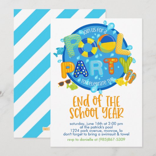 Zomer Pool Party, Einde van het schooljaar Party Kaart (Voorkant / Achterkant)