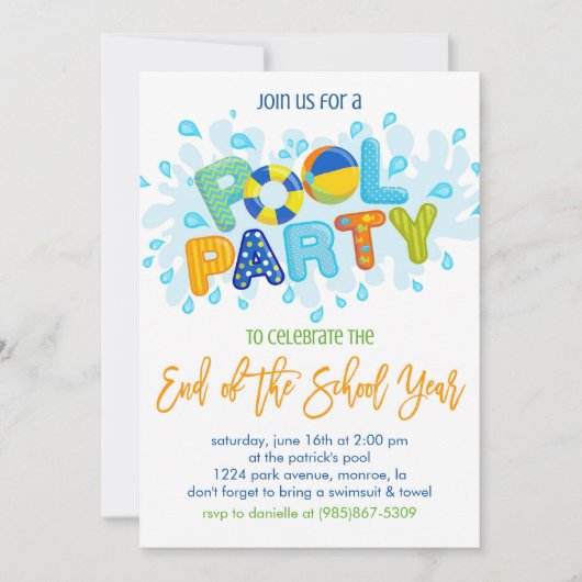 Zomer Pool Party, Einde van het schooljaar Party Kaart (Voorkant)